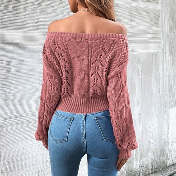 Luxe Sheer Crochet Knit Drop Shoulder Cropped Sweater Top Black - Picture 14 of 16